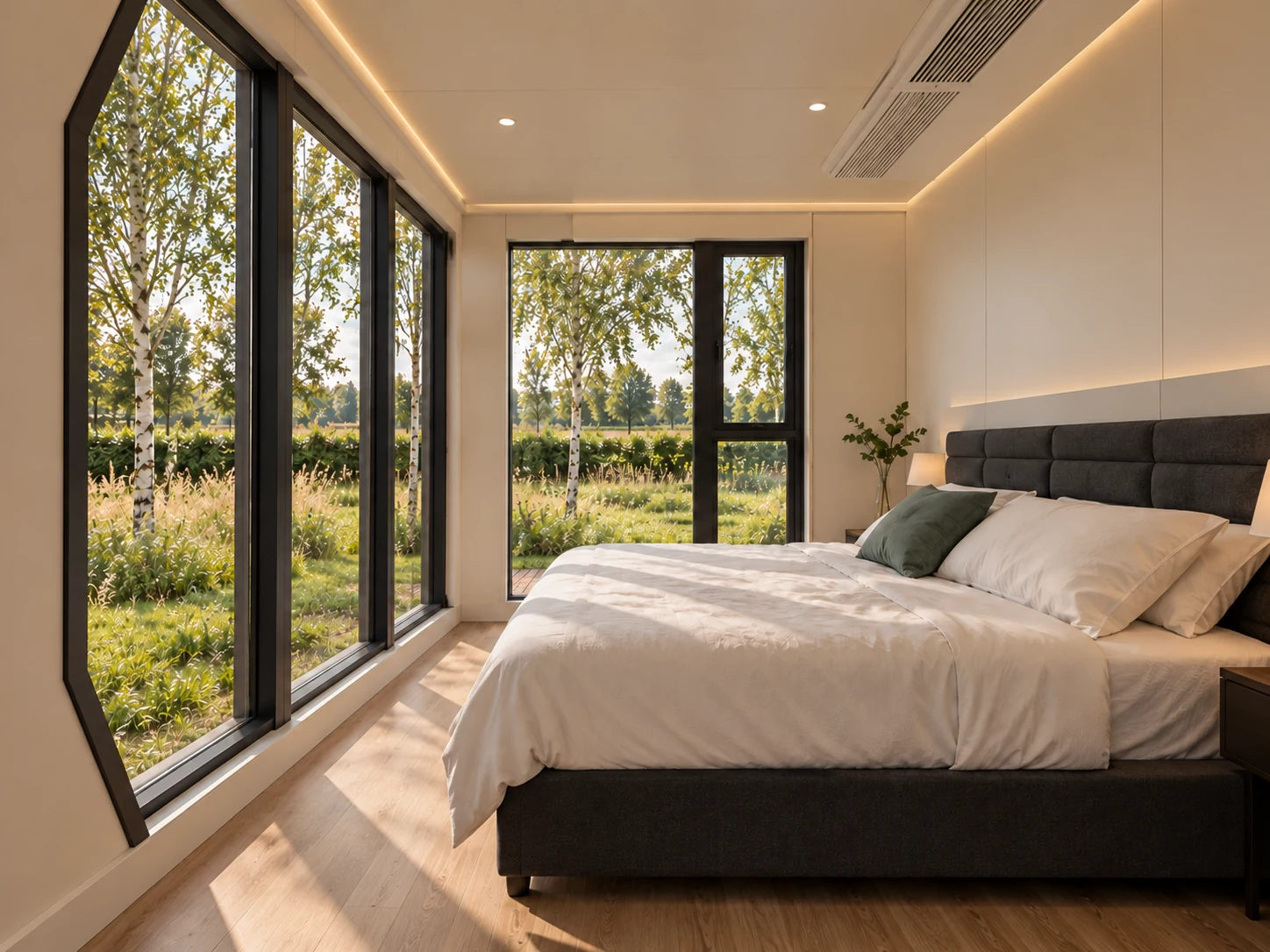 Schlafzimmer im Erdgeschoss mit Blick in den Garten.