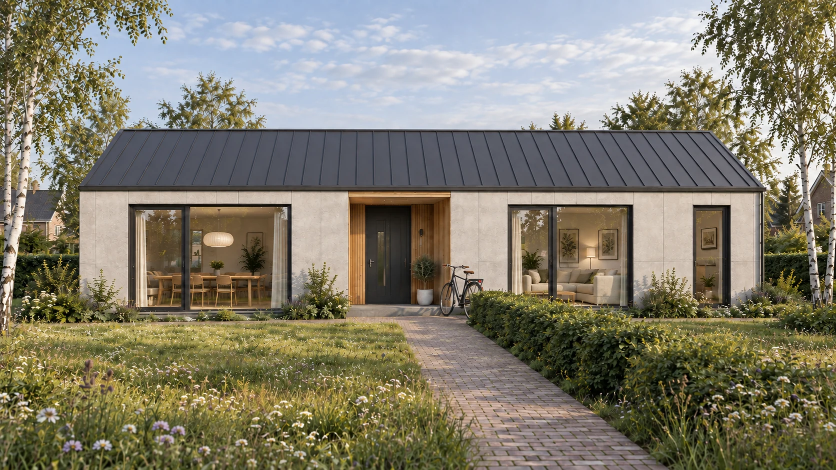 Vorderansicht des Hauses mit großen Fenstern.