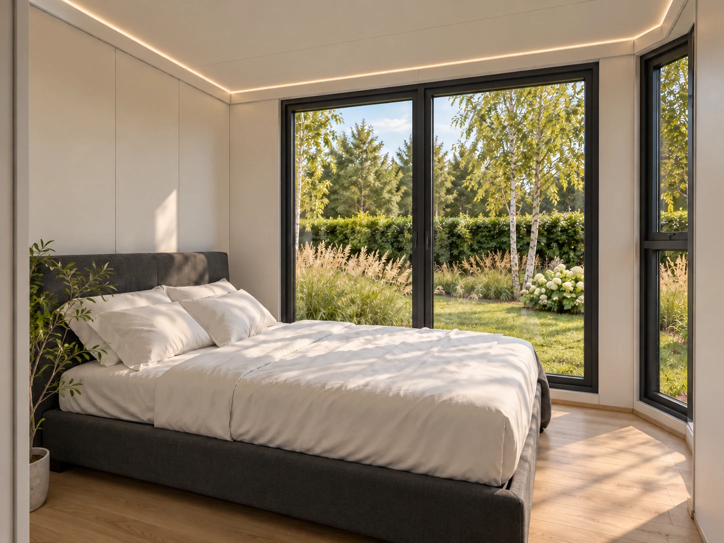 Schlafzimmer mit dunklem Bett und großen Fenstern.