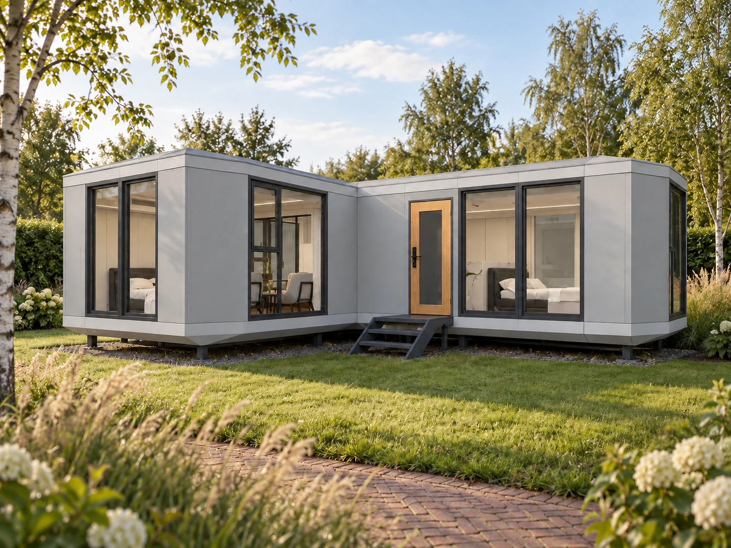 Haus mit L-förmigem Grundriss.